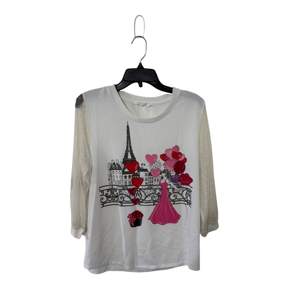 Kiss & Fly Paris Eiffel Tower Graphic Top White Swiss Dot Mesh Sleeve XL